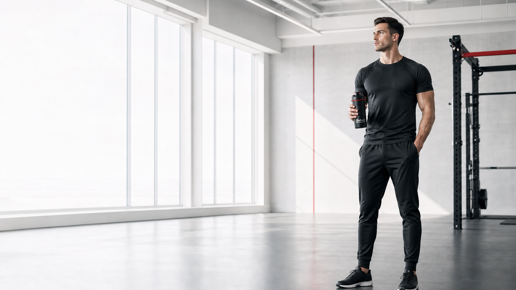 BLACK HAMMER athlete holding a branded shaker in a bright professional gym
