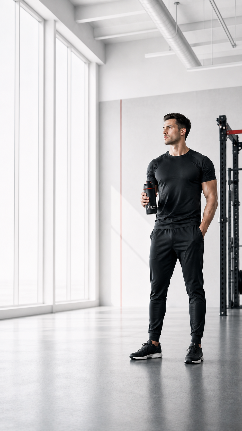 BLACK HAMMER athlete holding a branded shaker in a bright professional gym